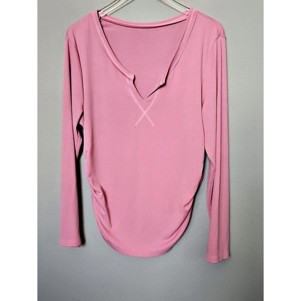 SHEIN Curve Ribbed Ruched Notched V-Neck Long Sleeve Top 2XL Pink Minimalist